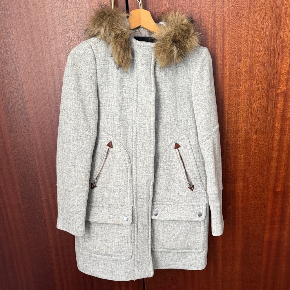 J. Crew Gray Women's Coat with removable Fur Trim